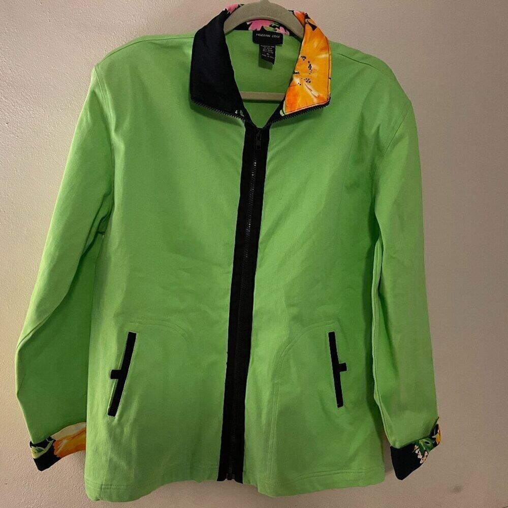 Morgan Cole Vintage Lime Green Floral Zip Jacket XL Y2K Art to Wear Ramie